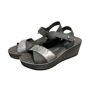 Arcopedico Harley Sandals Wedges Comfort Shoes Black Metallic Gray Women 10